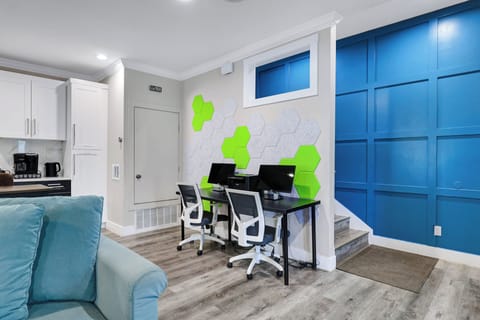 Do you need to finish some work? No problem, we got you covered! We include a large desk with 2 monitors and ergonomic chairs.