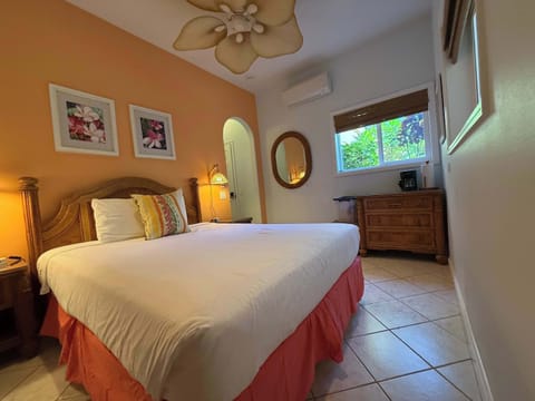 Plumeria Room with queen bed, comfort of AC, ceiling fan, smart TV.
