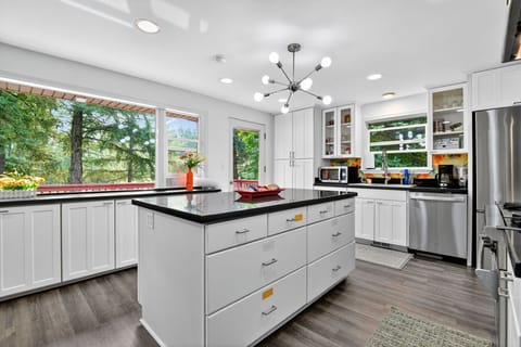 Indoors, Kitchen, Kitchen Island, Chandelier, Lamp