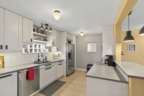 Modern kitchen with sleek counters and new stainless appliances