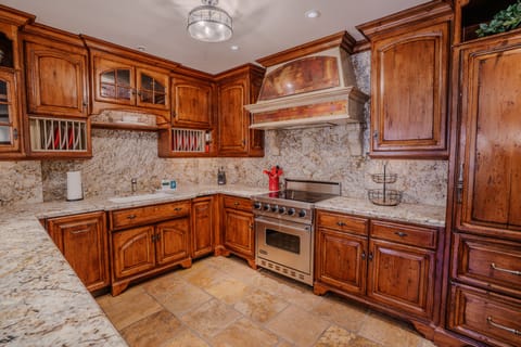 A large, modern fully equipped kitchen featuring stainless steel appliances, sleek European-style finishes, and convenient bar seating for casual dining.