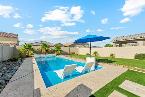 Take a dip in the private pool featuring a baja deck, perfect for lounging.