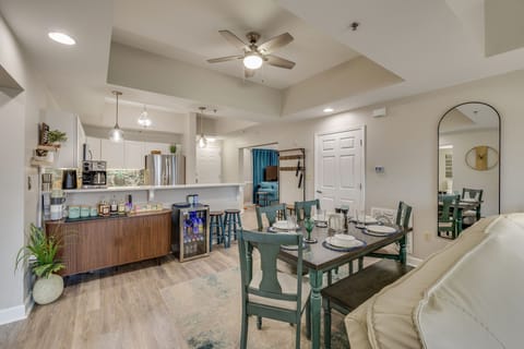 Dining table for six just in front of the kitchen bar top. 