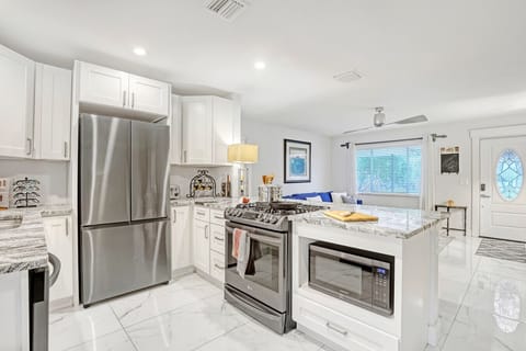 Our recently updated kitchen with Gas stove & oven, large French door refrigerator, microwave and dishwasher. Plus a full arrange of cookware with what you need to make family meals.