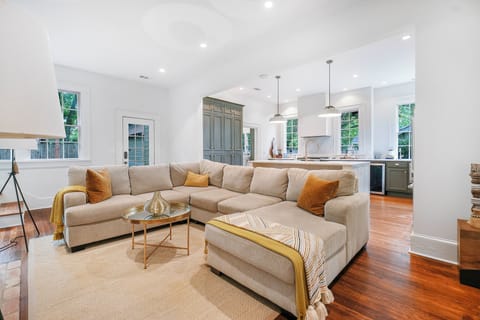 Large comfortable seating for lounging in front of the TV and fireplace