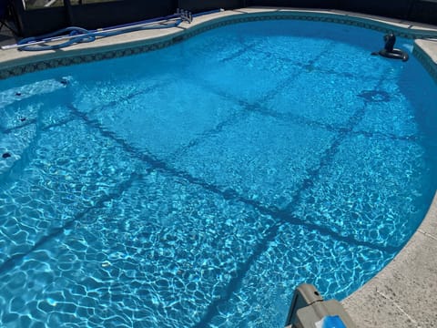 Heated saltwater pool with screen enclosure