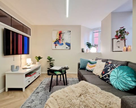 Cozy living room with smart TV and sofa bed.