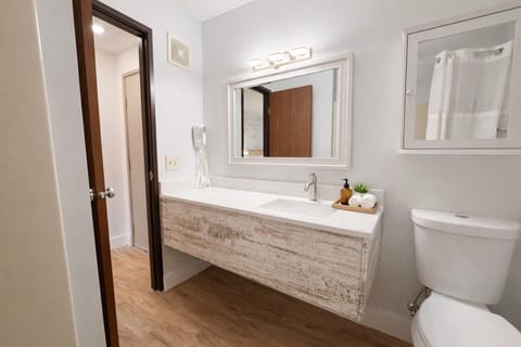 Updated bathroom area offering wood-textured finishes and ample lighting.