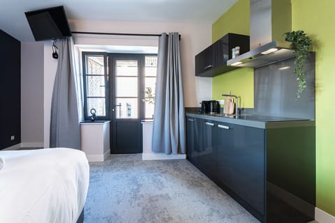 Modern studio with private kitchenette, comfy bed, and natural light.