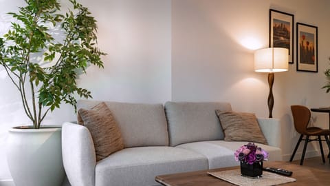 Stylish lounge area with modern décor and warm lighting
