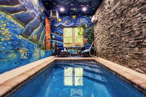 Themed indoor heated POOL room with exciting custom Smokies Lightning Bug mural 