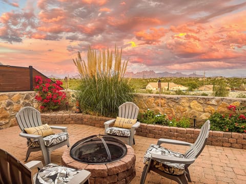 Firepit in backyard with mountain view