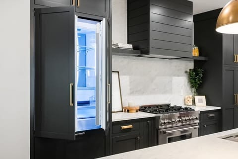 Custom built kitchen with gas burner stove and hidden refrigerator