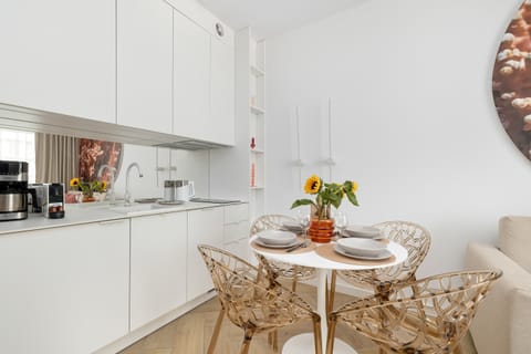 The sleek design of the kitchenette blending seamlessly with the living area.