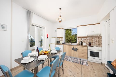 Open-plan living room with sofas, dining area, kitchen, A/C, WiFi internet, satellite TV, and sea views