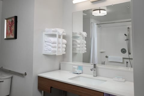 Full bathroom with a shower. Basic toiletries and towels are provided