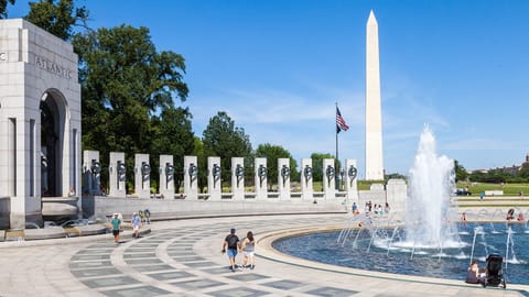 Unwind by reflective fountains after a day of exploring.