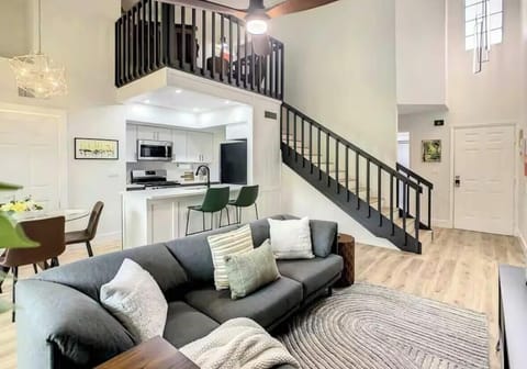 Open floor plan. Couch can be turned into a bed.