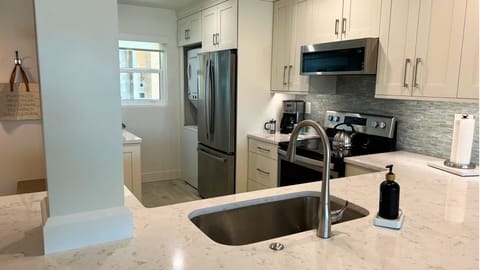Sleek quartz counters and deep sink with open layout