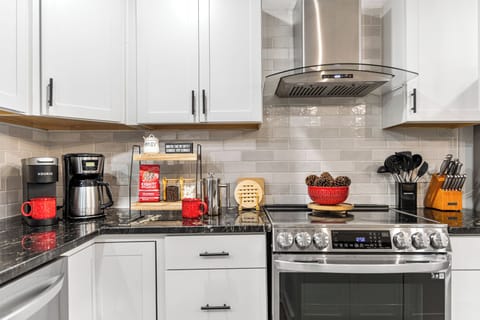 Ample counter space and reliable appliances in the kitchen.