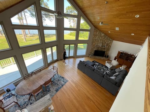 High ceiling living room with comfy sofa