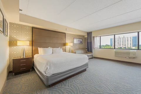 Spacious modern room with king bed, accent wall, sofa & large window with views