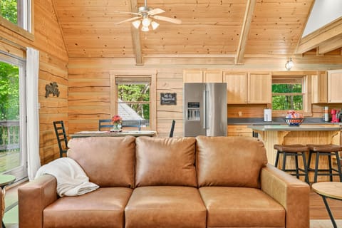 Cozy living room with vaulted ceilings and natural light