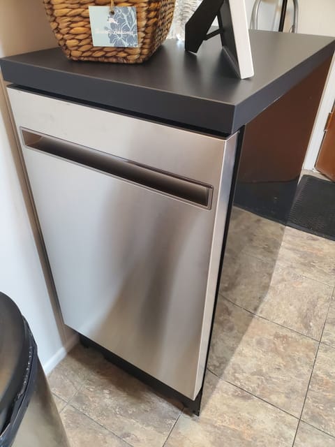 18" portable dishwasher is great for this 1970s kitchen