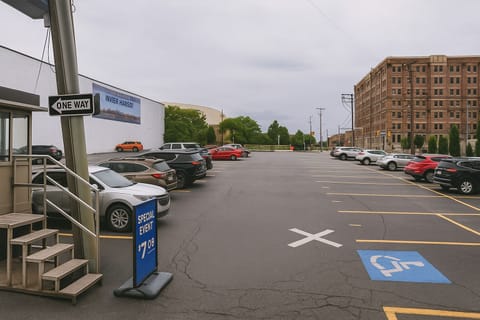 parking, behind the building