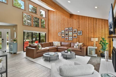 Living Room with Fireplace and high ceiling, sun filled space