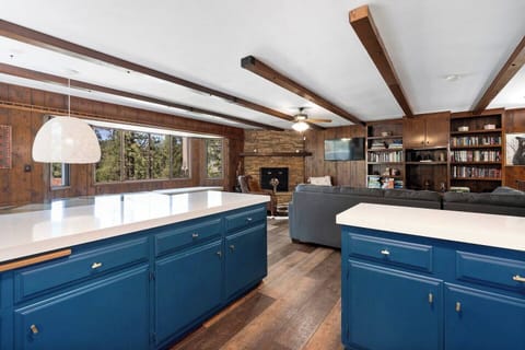 Remodeled kitchen with new granite, dining table, counter-seating, cozy living area, wood burning fireplace, bay window, ceiling fan, books puzzles, games.