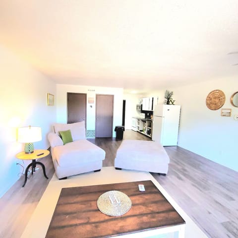 We offer a living room, there is a dining table and a desk that were added