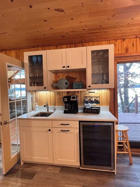 Beverage station: coffee maker, filtered water, and beverage refrigerator