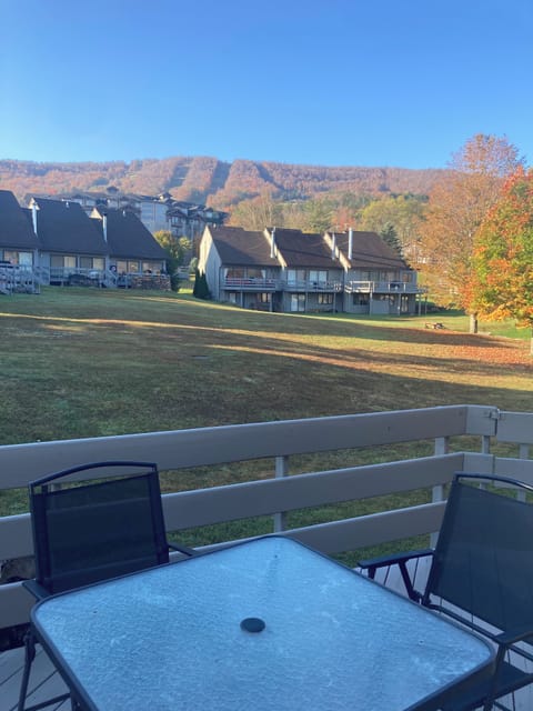 View of the mountain and skiers from the deck