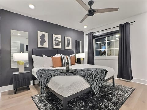 Bright and elegant bedroom designed for comfort and relaxation in this furnished apartment.