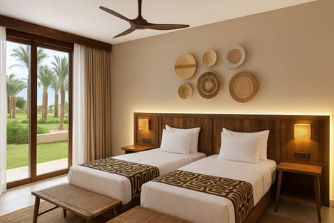 Recharge in crisp twin beds framed by tropical greenery.