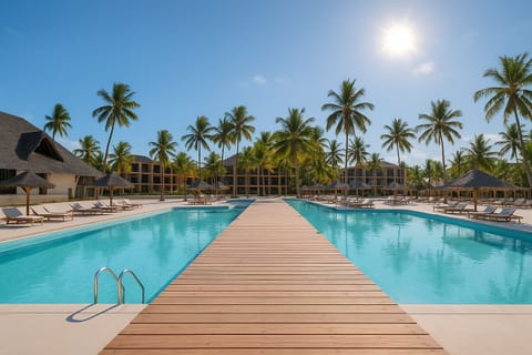 Dive into sunlit serenity beside the resort’s grand pool.