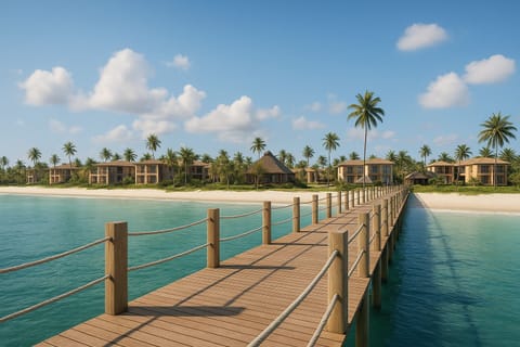 Stroll the private pier to soft sand and calm seas.