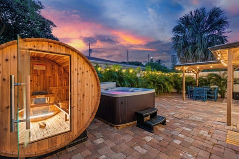 Step into serenity—your private sauna glows with warmth as the day winds down