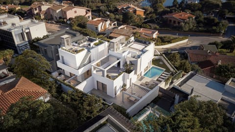 Aerial perspective of Villa Athos, minutes from Sardinia’s best beaches.
