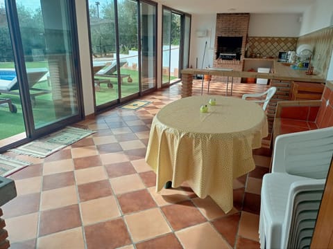 view toward the pool terrace from inside the downstairs kitchen.