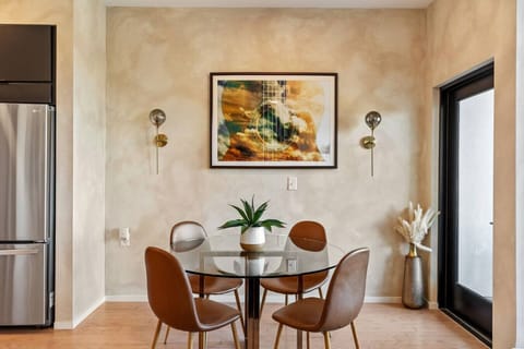 Fully equipped kitchen with high-end appliances, seating for 4 at our dining table.