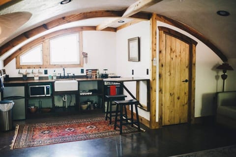 view of kitchen and bathroom.