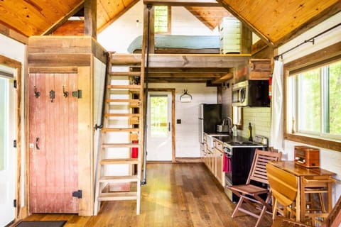 Entrance door on the left. red barn closet door. view into kitchen. ladder to loft with queen bed. 