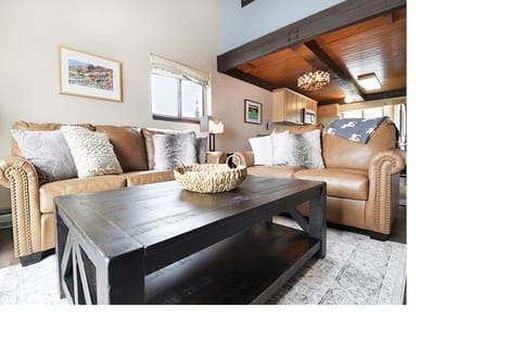 Open concept living room with a woodburning fireplace and mountain views.
