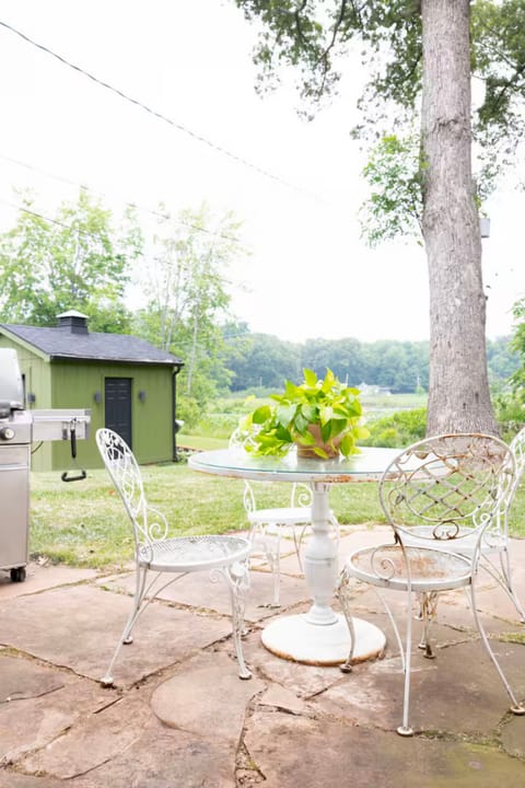 Terrace with view of pond