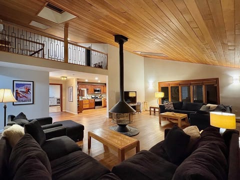 Massive living-room with plenty of seats, a round wood fireplace, a sky window and large TV set