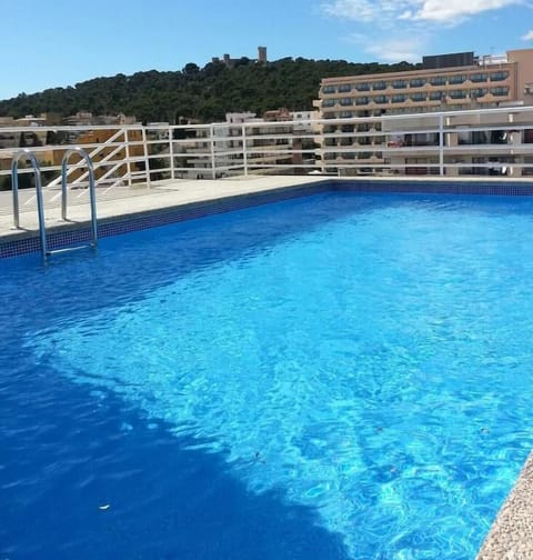 Swim laps in sparkling blue water with a scenic backdrop.