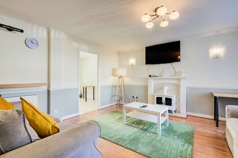 Bright living room with sofas, TV and fireplace