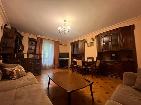 Large living room with AC, TV, books, board games, large sofa and two tables.